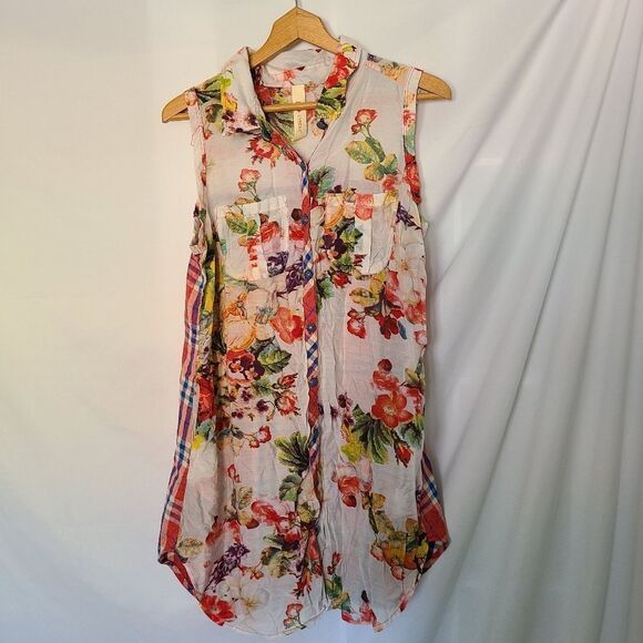 Cyrena Floral/Plaid Button Front Sleeveless Tunic size L - Picture 1 of 6